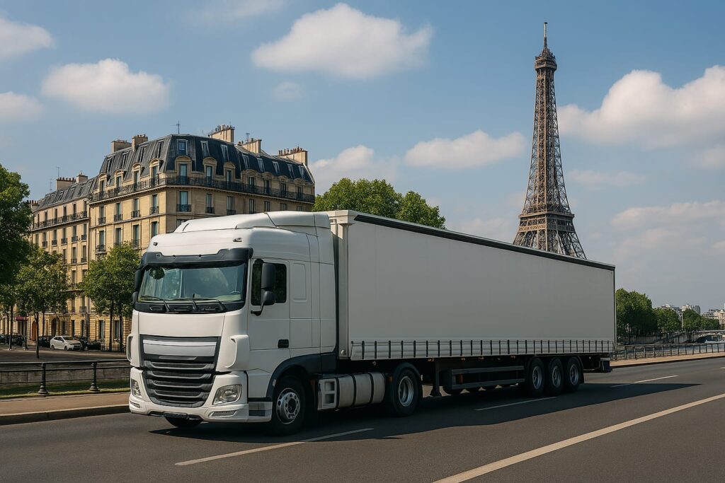 Eiffel Kulesi önünden geçen beyaz bir tır, Paris şehir merkezinde gündüz saatlerinde trafikte seyir halinde.
