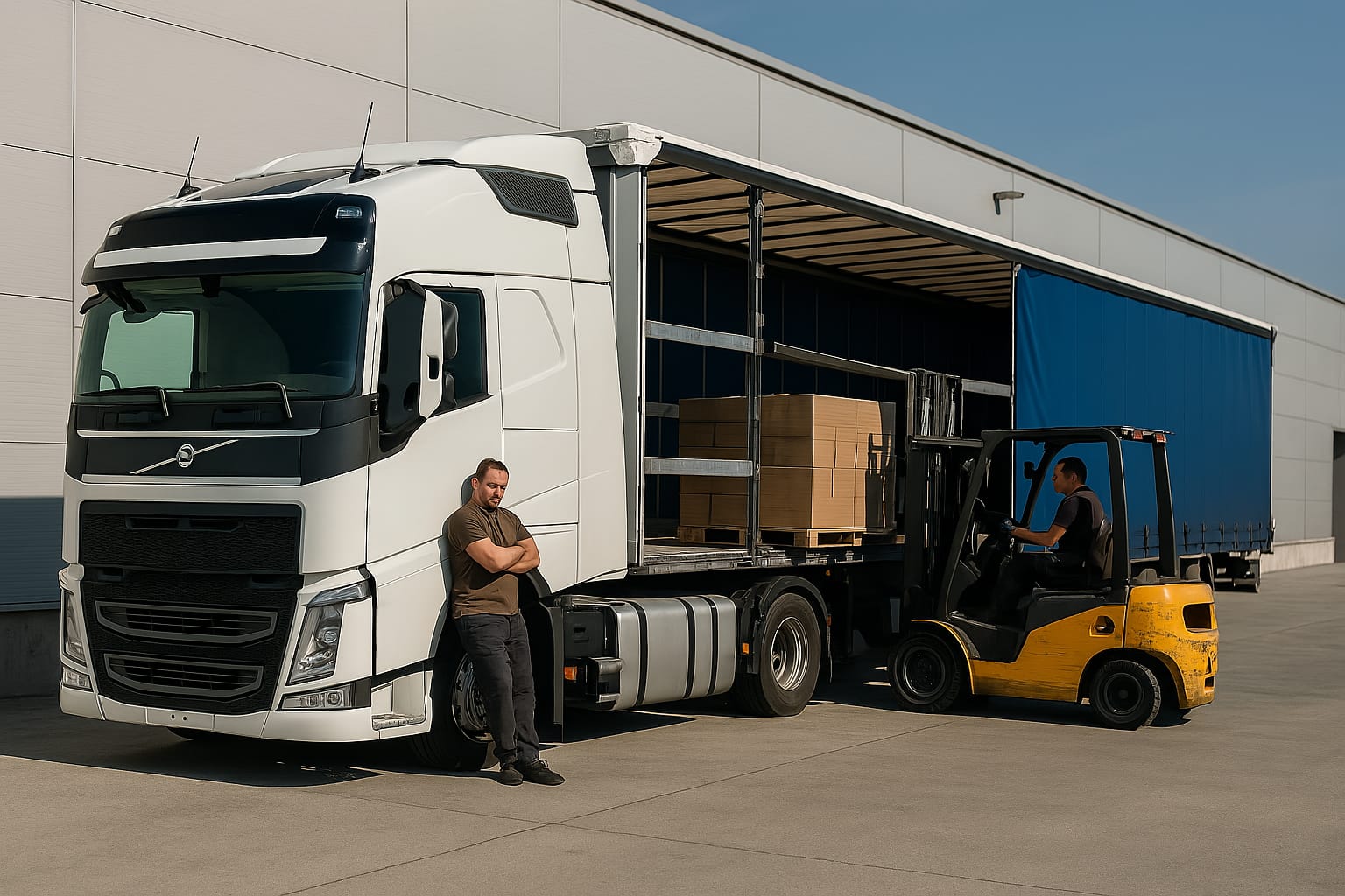 Bir depo önünde park halinde duran Volvo marka tırın brandalı treyleri yan kapakları açılmış şekilde, forklift ile yandan yük boşaltılıyor. Şoför yorgun bir şekilde kenarda bekliyor.